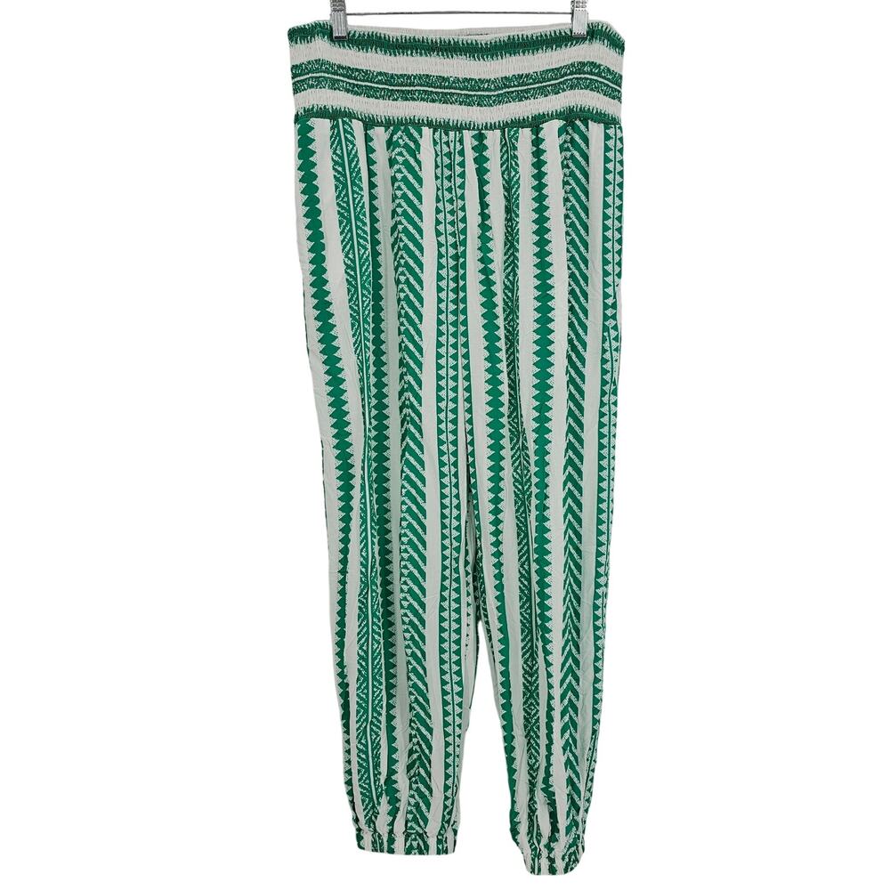 Cupshe Womans size XL Green White Stripe Geo Smocked Waist Tapered Leg Pants NEW